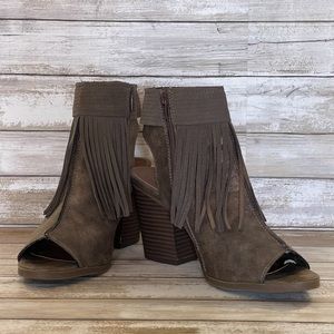 Sugar fringe open toe heeled boots